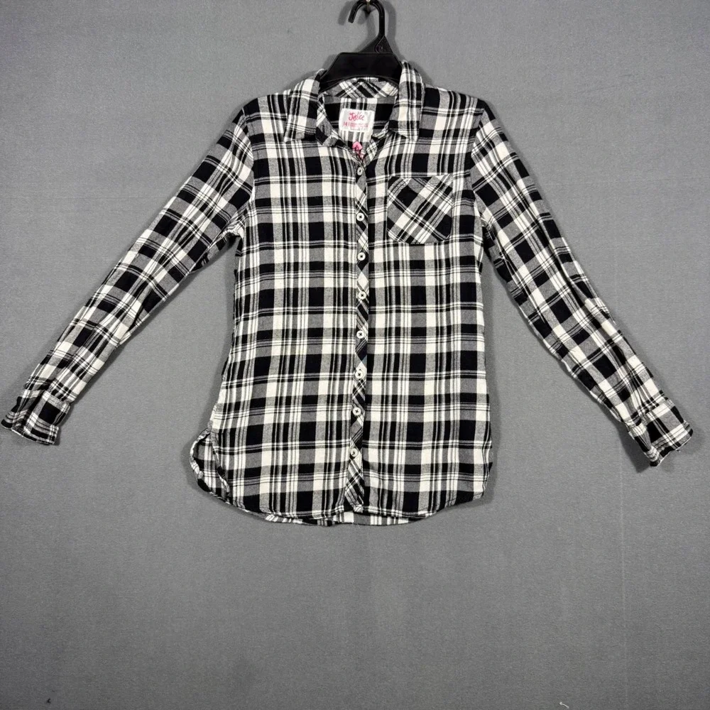 Justice Button Down Girls 14 Black White Plaid Pink Embroidered Flannel Shirt